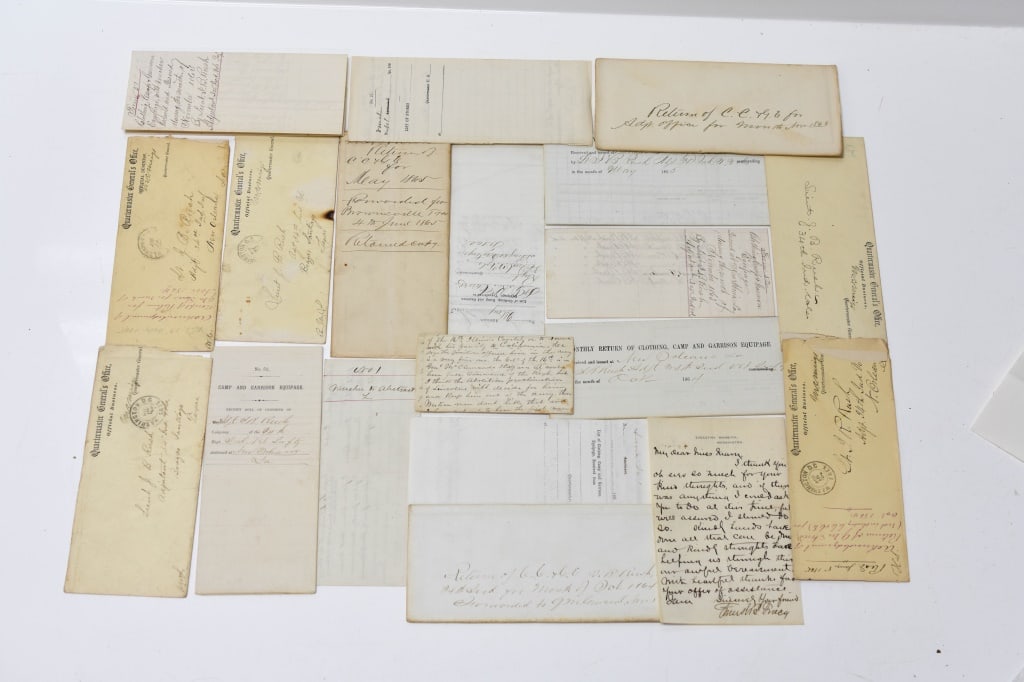 Civil War Letters Cotton, Martz, Rush, & Burnside: Includes paperwork including quartermaster supply paperwork signed by well-known civil war soldiers (and some later veterans) such as John Cotton, who went on to be a prestigious doctor, Levi L. Martz