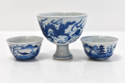 Chinese Blue and White Stem Cup & Handleless Cups