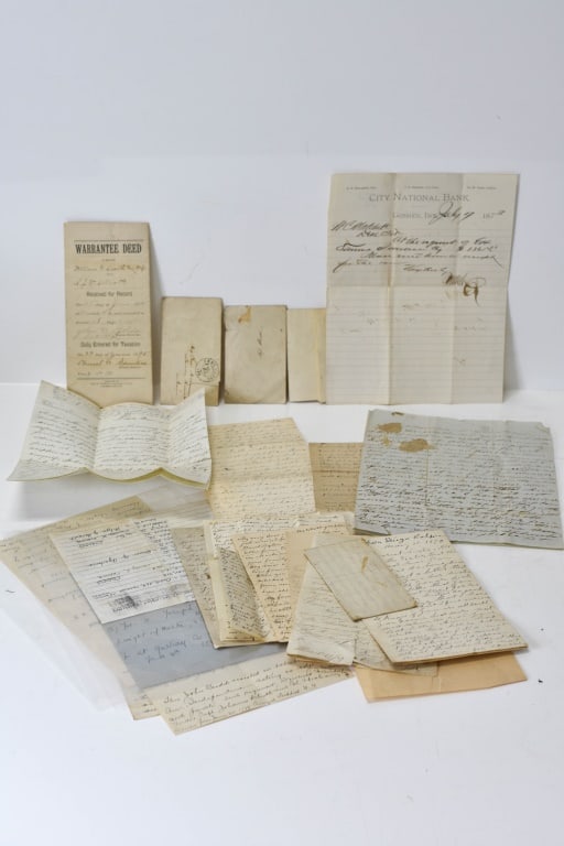 Early Ephemera Grouping Pumpelly & Cleveland: Includes a grouping of ephemera, letters, and photographs including mentionings of business dealings, family discussing business, taking steamboats on rivers, ancestors paperwork, and geneological pap