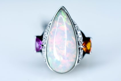 Platinum, Opal, Sapphire, and Diamond Ring GIA