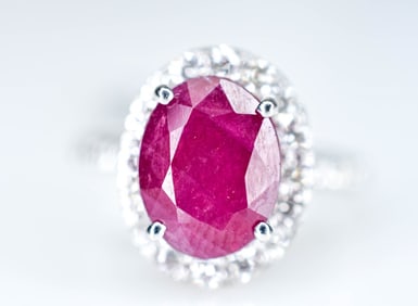 14K White Gold Ruby and Diamond Ring GIA