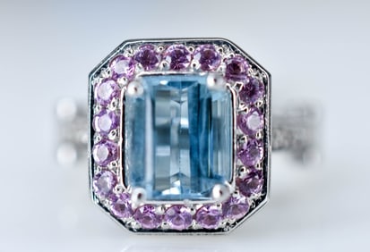 14K Gold, Aquamarine, Sapphire, & Diamond Ring GIA