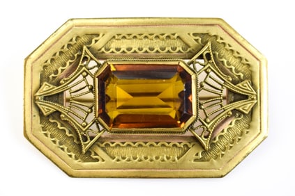 Art Nouveau Amber Stone & Brass Sash Pin Jewelry