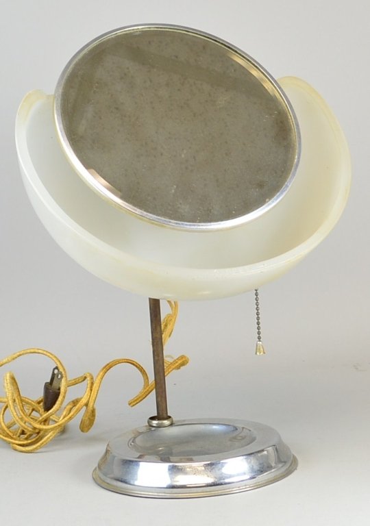 Art Deco Backlit Glass Shade Chrome Vanity Mirror: Art Deco back lighted glass shade centered around a mirror on a chrome base with inset bowl woman's dressing table lamp, 14" h x 11" w