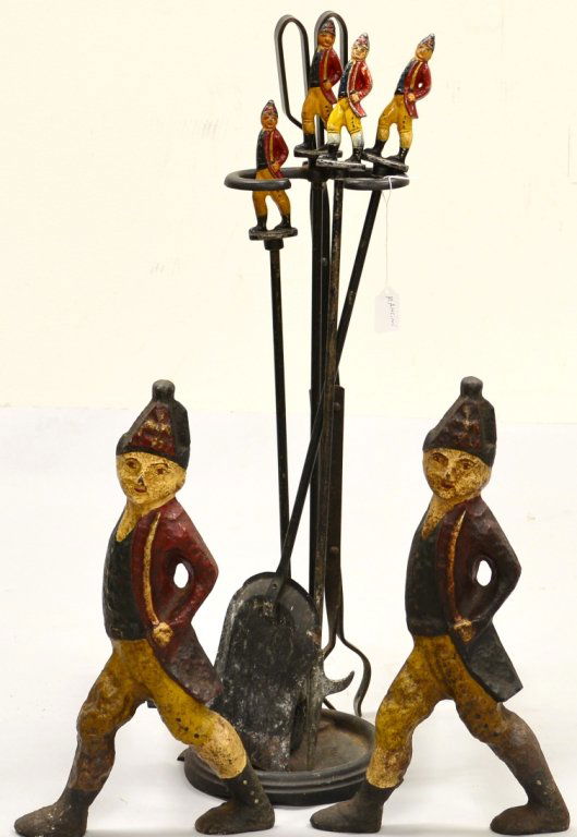 Hessian Fireplace Andirons and Tools: Earlier version, unknown mark, dovetailed construction