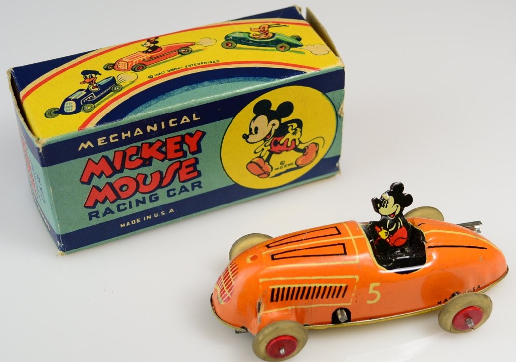 Tin Disney Mickey Mouse Wind Up Racing Car In Box: American Disney Mickey Mouse Racing Car 400 Series. Orange Paint #5. Original Box. Missing Key