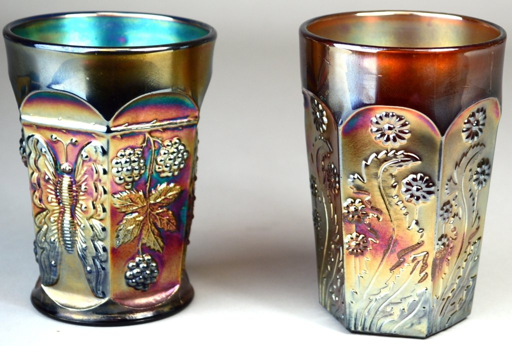 Lot 3 Marigold Fenton Carnival Glass Tumblers: Fenton butterfly and berry tumbler, cobalt blue, 4" h. Fenton Dandelion tumbler, marigold, 4 1/4" h