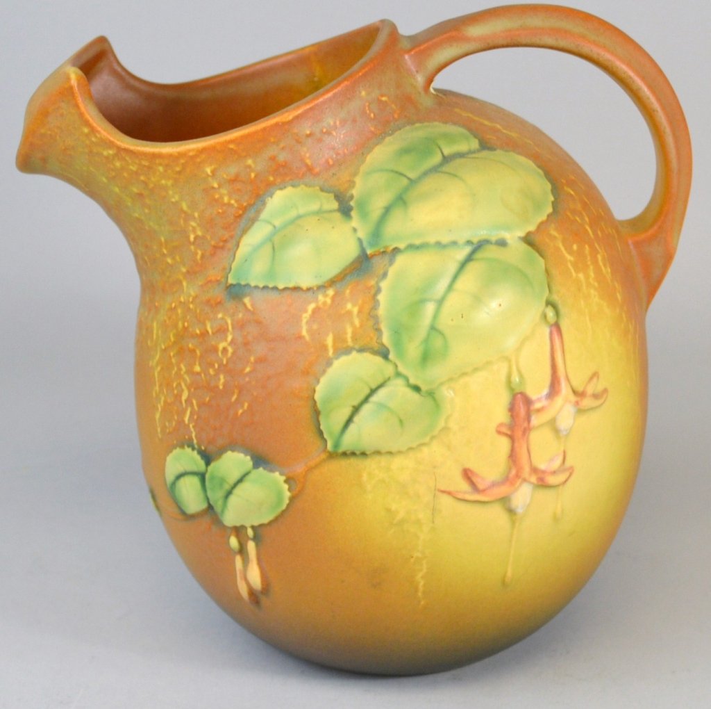 Roseville Fuchsia Water Pitcher: Beautiful Roseville Fuchsia water pitcher, incised Roseville mark,