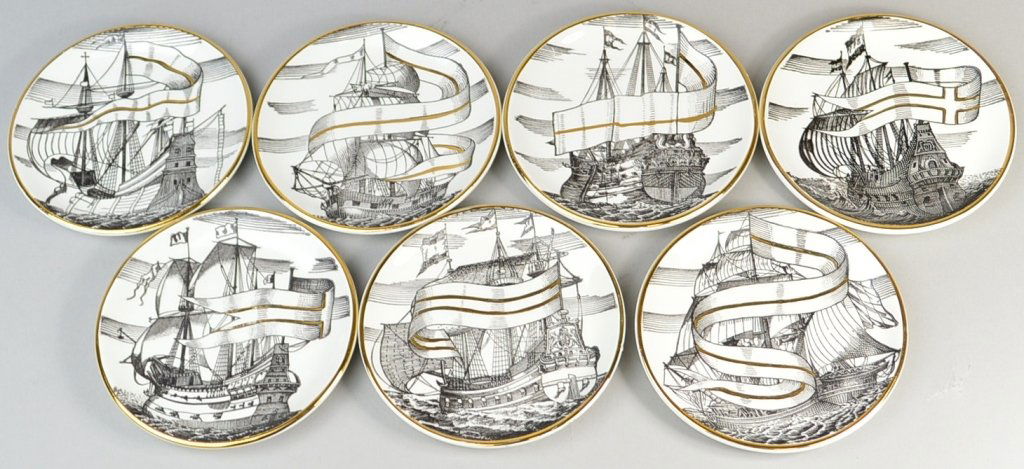 (7) Fornasetti Maritime Italian Porcelain Coaster: Fornasetti Milan ship Coasters depicting masted ships. flags detailed in gilt. 4" w
