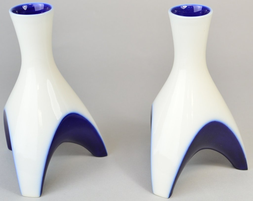 Pr KPM Modernist White and Blue Porcelain Vases: Signed orange KPM backstamp, 7.5" h x 3" w
