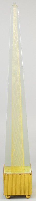 Venini Art Glass Obelisk Set in Footed Metal Base: Dings to brass base, interior air bubble on one edge and does not show up on exterior surface, 19.5" h x 3" w