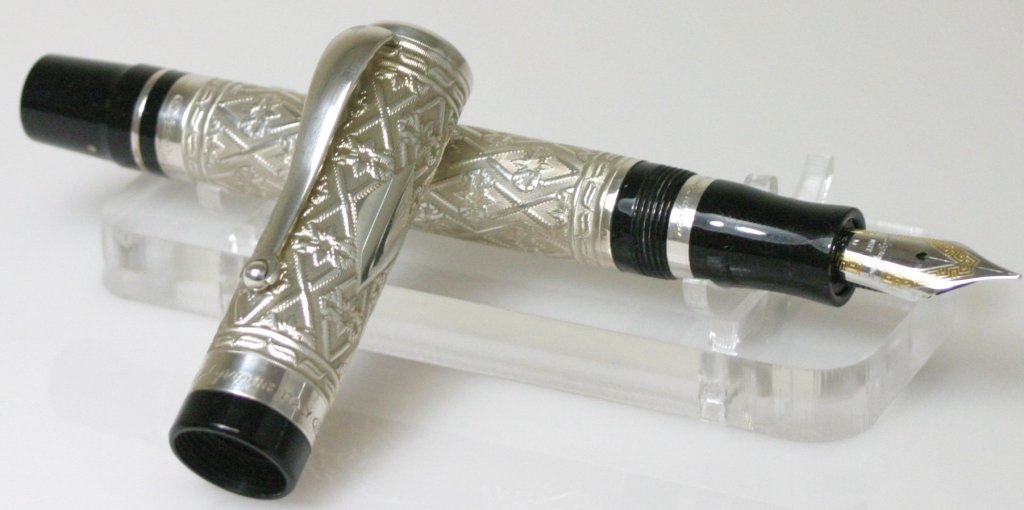 Montegrappa Arabian Sterling Silver Fountain Pen: Black resin and sterling silver fountain pen, 18k gold nib, boxed and unused