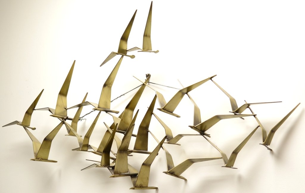 Curtis Jere, 1968 Flying Seagulls Metal Sculpture: Mid Century Modern sculpture, Brass steel finish, 28" h x 58" w x 6" deep