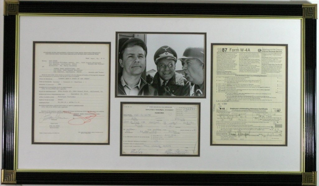 Hogan Heroes Photo With Signed Documents: Bob Crane docuent is and employment contract for "Johnny Mann's stand up and cheer". John Banner document is 20th Century personnel statement. Werner Klemperer document is a W4-A tax form from 1987. F
