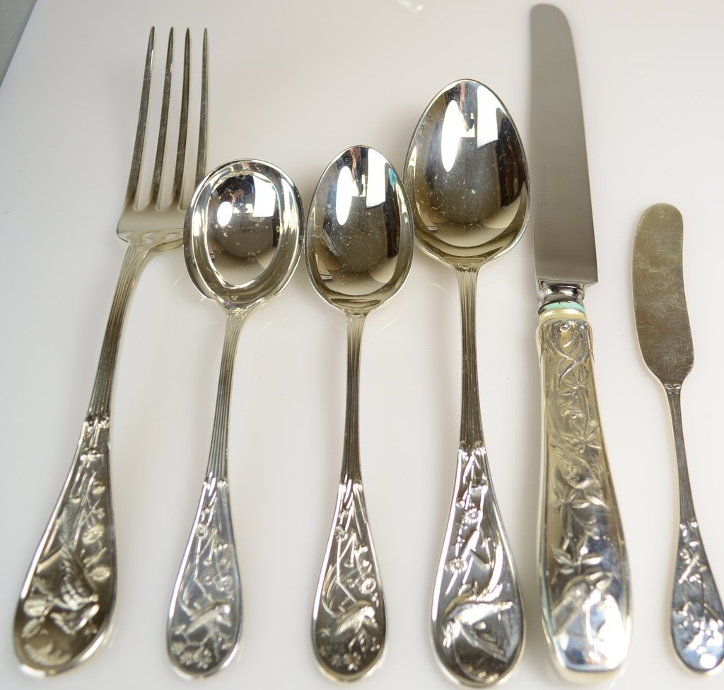 Tiffany Japanese Audubon Sterling Flatware: Weight 11.06 ozt (includes weight of handle only) includes; Butter knife (Handle detached); Dinner fork; Soup spoon; Table spoon; Teaspoon;