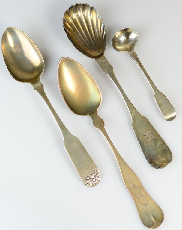 (4) Antique Coin Silver Spoons: Makers include H. Kennedy and sons (1837-1850), John William Blake, M.A. Lewis of Boston, and B.C. Frobisher (1816-1842) of Boston. 3.1 oz