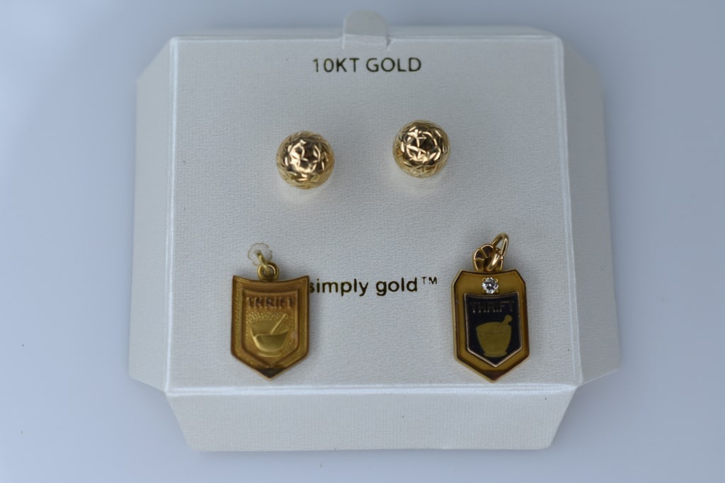 10K Gold Earrings and Charms: All 10K yellow gold including ball studs and 2 Thrift charms (one with a diamond accent), 3.90 grams total.