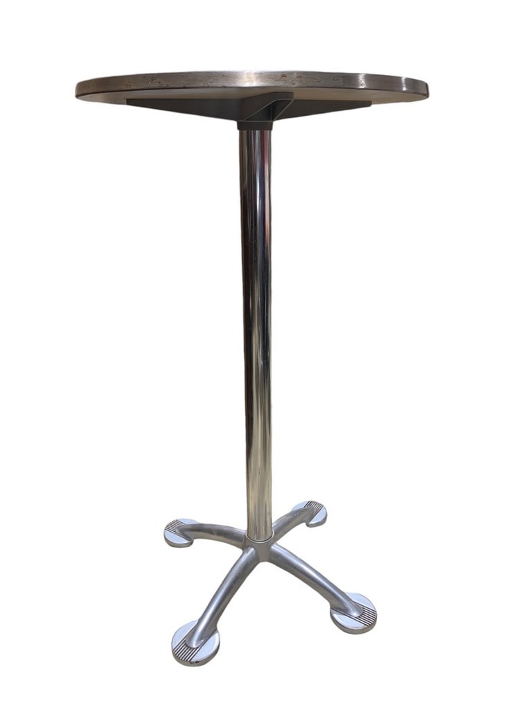 Jorge Pensi for Amat for Knoll Toledo Bistro Table: Knoll High Top Table designed by Jorge Pensi for AMAT. Acid etched finish on top. Made in Spain. cast aluminum, top stainless steel with a circular pattern. Top Has some damage approx 23 diameter, 43
