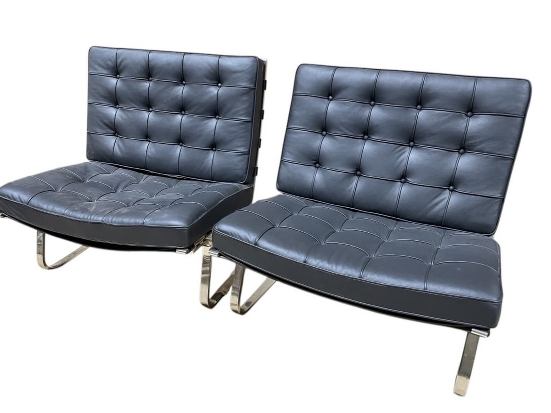 Mies Van Der Rohe Tugendhat Chairs for Knoll: (2) black leather chairs with stainless steel bases. These Tugendhat chairs (model number MR70) were designed by Ludwig Mies Van Der Rohe.in collaboration with Lily Reich 1929-1930. All upholstery was