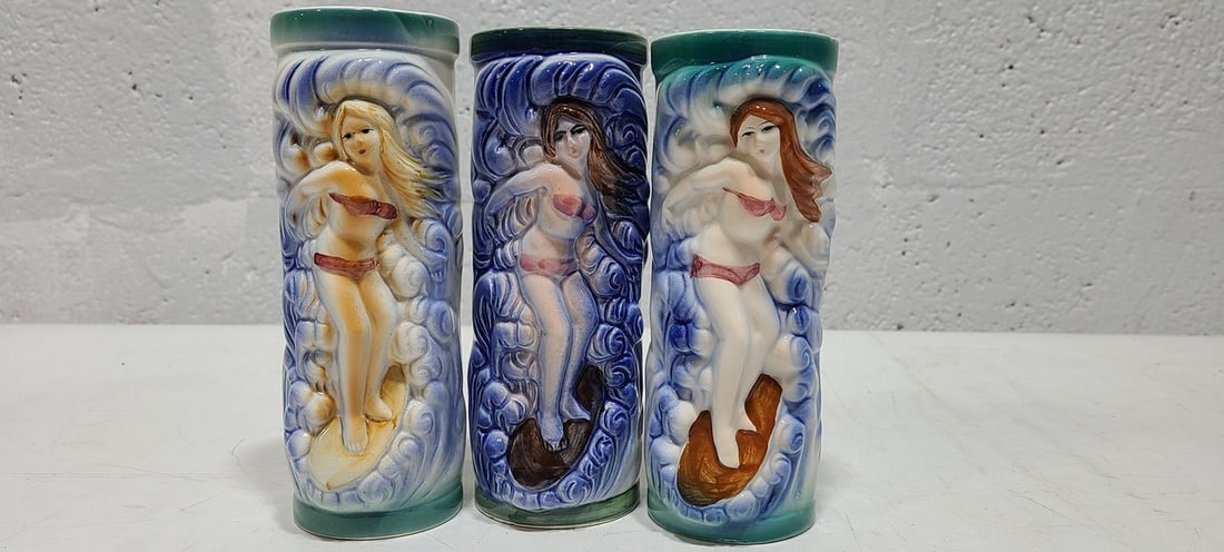 Orchids of Hawaii R-80A & R80A: 3 Orchids of Hawaii Women surfing themed glazed Tiki glasses. R80A Taiwan, R-80A Taiwan & R80A Japan.