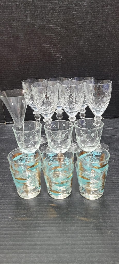 Goblet and Cocktail Glasses: Set of six 9 1/4" tall Goblets, various cocktail glasses.