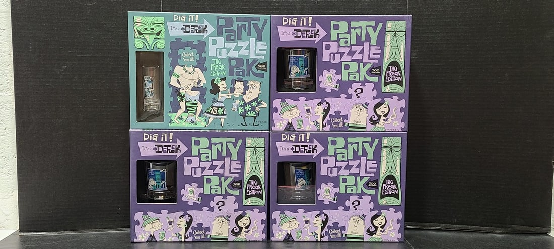 Dig It It's a Derek Tiki Freak Ed. Puzzle Pak: 3 NIB Fig It It's a Derek party puzzle paks Tiki Freak Edition Series One with rocks glass. 1 Dig It It's a Derek party puzzle Pak Tiki Freak Edition with shot glass.