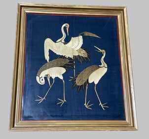 Antique Chinese Embroidered Crane Silk Textile