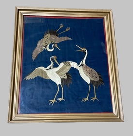 Antique Chinese Embroidered Crane Silk Textile