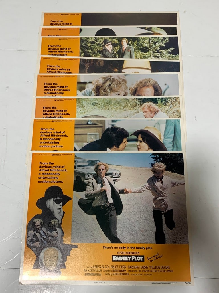 Alfred Hitchcock’s Family Plot Lobby Cards 1976: Includes eight (in color) 1976 Universal Pictures Alfred Hitchcock’s Family Plot Lobby Cards in great condition