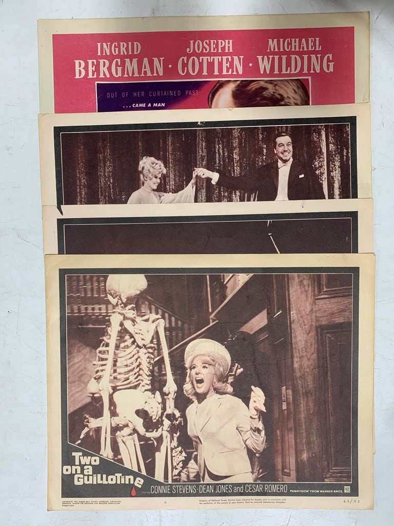 Alfred Hitchcock’s Movie Scene Lobby Cards 1949: Includes (4) various Alfred Hitchcock’s Lobby Cards (3)movie scene cards from 1965 Warner Bros Pictures "Two on a Guillotine" (in color) & One 1949 Alfred Hitchcock’s "Under Capricorn?? (in color)