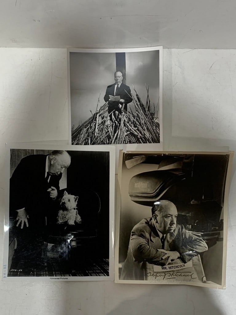 Signed Alfred Hitchcock Photos: Includes (3) vintage Alfred Hitchcock photos in black & white One dual signed 8x10 Alfred Hitchcock photo in fair condition & Two additional black & white photos