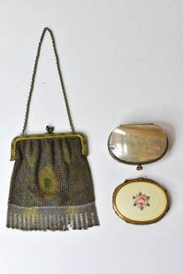 Antique Enamel Guilloche, Mesh & Shell Purses: includes (3) purses / compacts, (1) made from shell and measures 3" x 2.5" (2) a beaded purse which measures 11" from the top of the chain to the bottom of the fringe, body measures 5" x 4.75" and