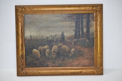 Antique Oil on Board Pastoral Scene With Sheep