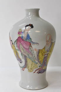 19th Century Chinese Famille Rose Porcelain Vase: Includes a signed (Qianlong) 19th century porcelain vase depicting a child , a girl and Shouxing or Shou Laoren, the God of Longevity.. Appears to be in excellent condition with no visible chips, crac