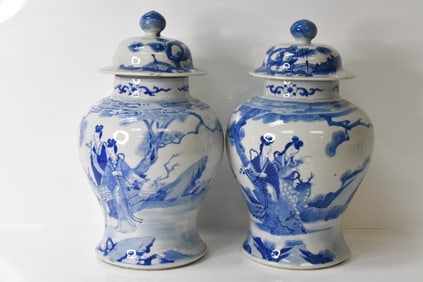 Antique Chinese Blue & White Lidded Jars & Covers