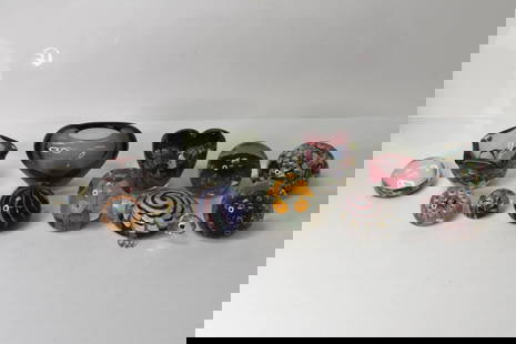Holme Gaard & Art Glass Paperweight Collection: Grouping includes (12) art glass paperweights of various designs of flowers, swirls, animals, floral scenes, and others. Largest regular paperweight and the largest vase paperweight is 4"h and is sign