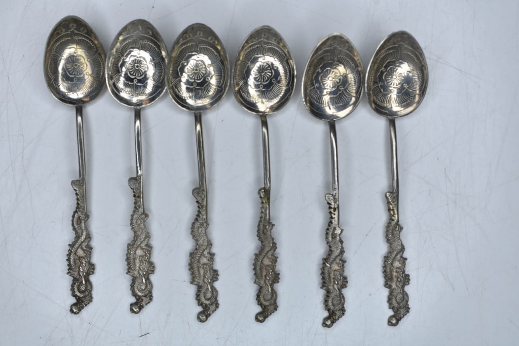 Nagasaki Silver Souvenir Spoons 2.74 OZT: Includes (7) Japanese silver spoons from Nagasaki. Silver content is 800+ and total weight is approx. 2.73 OZT. Largest measures approx. 5"