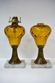 Pair of Amber Glass Oil Lamps