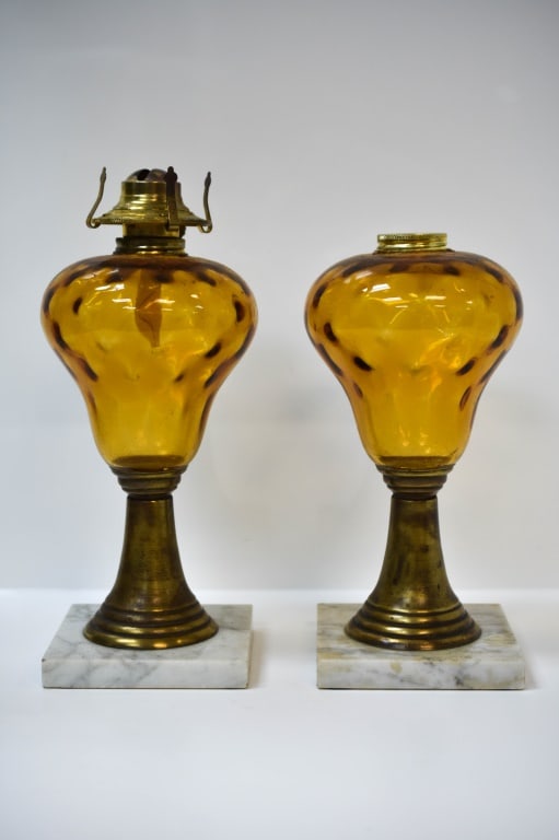 Pair of Amber Glass Oil Lamps (1 of 6)