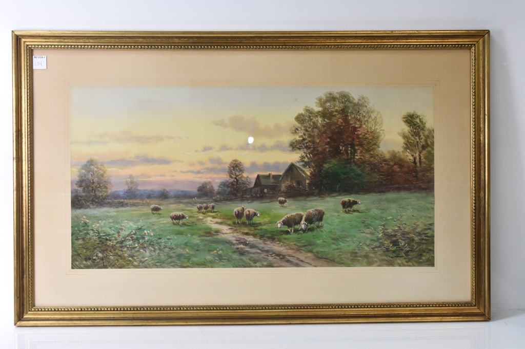 S.P. Wright Landscape with Sheep Watercolor: Includes a SLL S.P. Wright landscape with sheep watercolor with Total measurement: 37" x 22.5" x 1"