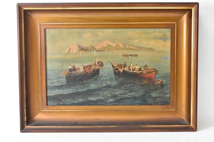 Impressionist Painting Fishing Boats on a Calm Sea