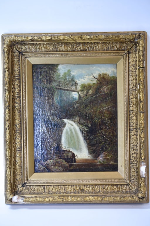 Edward Priestly Oil on Canvas UK 1820-1880: Includes a SLL oil on canvas landscape with viewable measuring approx. 17.5" x 13.5" river bridge Edward Priestly 19th century UK. has loss as seen in photos Overall measurement is approx. 24" x 27"
