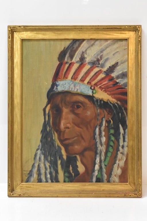 Blanche C. Grant "His War Bonnet" Oil on Board (1 of 7)