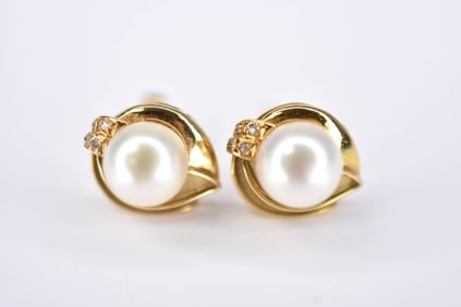14K Gold Pearl and Diamond Earrings, 3.91 grams