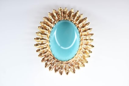 14K Gold & Turquoise Glass Pin-Pendant 10.22 grams
