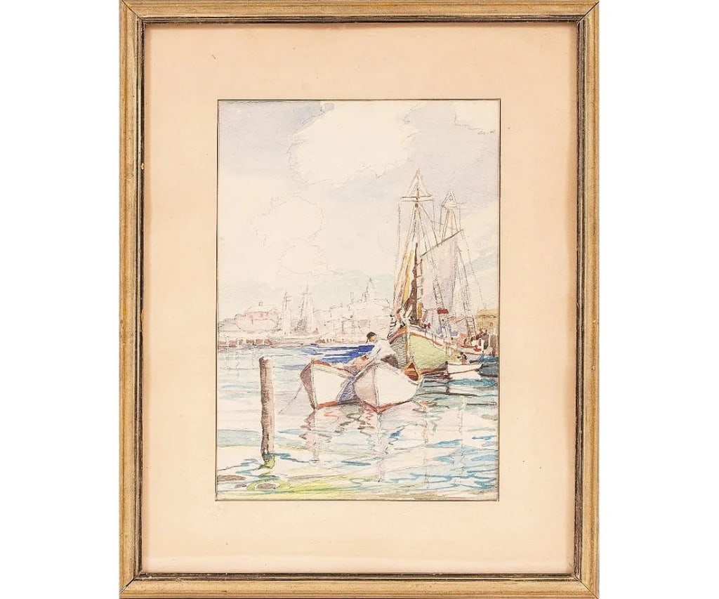 James King Bonwar Watercolor (1883-1961 MA): James King Bonwar (1883/5 - 1961, MA) framed and matted watercolor titled "Gloucester Boats". 10" x 7" /15" x 12"
