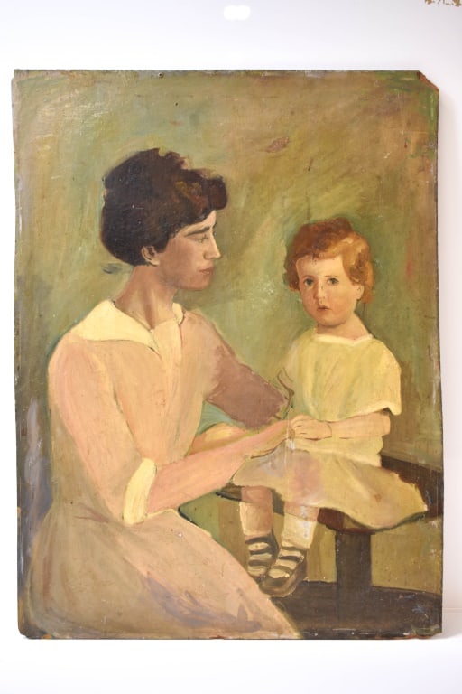 Oil on Board - Mother & Child Portrait: An evocative and tender early 20th-century oil painting on board depicting a mother and child seated together in an intimate pose. The artist captures a quiet, emotive scene with soft, earthy tones an