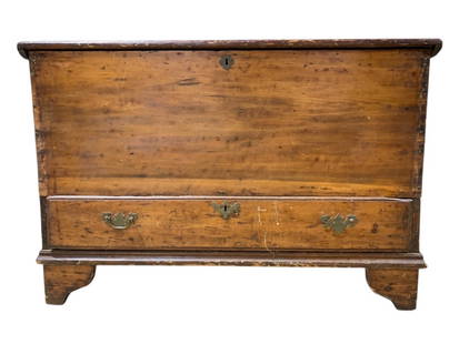 Antique Blanket Chest with Drawer: Antique wood blanket chest, (circa 1880), featuring a hinged top that opens to reveal a storage compartment with dividers. Includes a lower pull-out drawer with brass hardware. As found. Measures appr