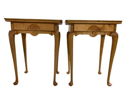 Tiger Maple Queen Anne Tables: Tiger Maple Queen Anne Tables Two tiger maple side tables featuring Queen Anne-style cabriole legs and decorative fan motifs on the drawer fronts. The tables are constructed with figured wood grain an