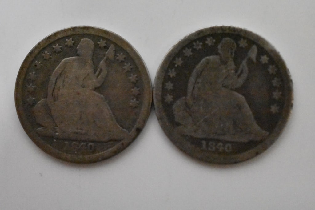 1840 & 1840 o Seated Liberty Silver Dimes: 1840 is almost worn smooth on the reverse. Lettering is very faint. Obverse has nicks along the edge and scratches. Very faint details of lady liberty are left. 1840 o few details in the clothing are 